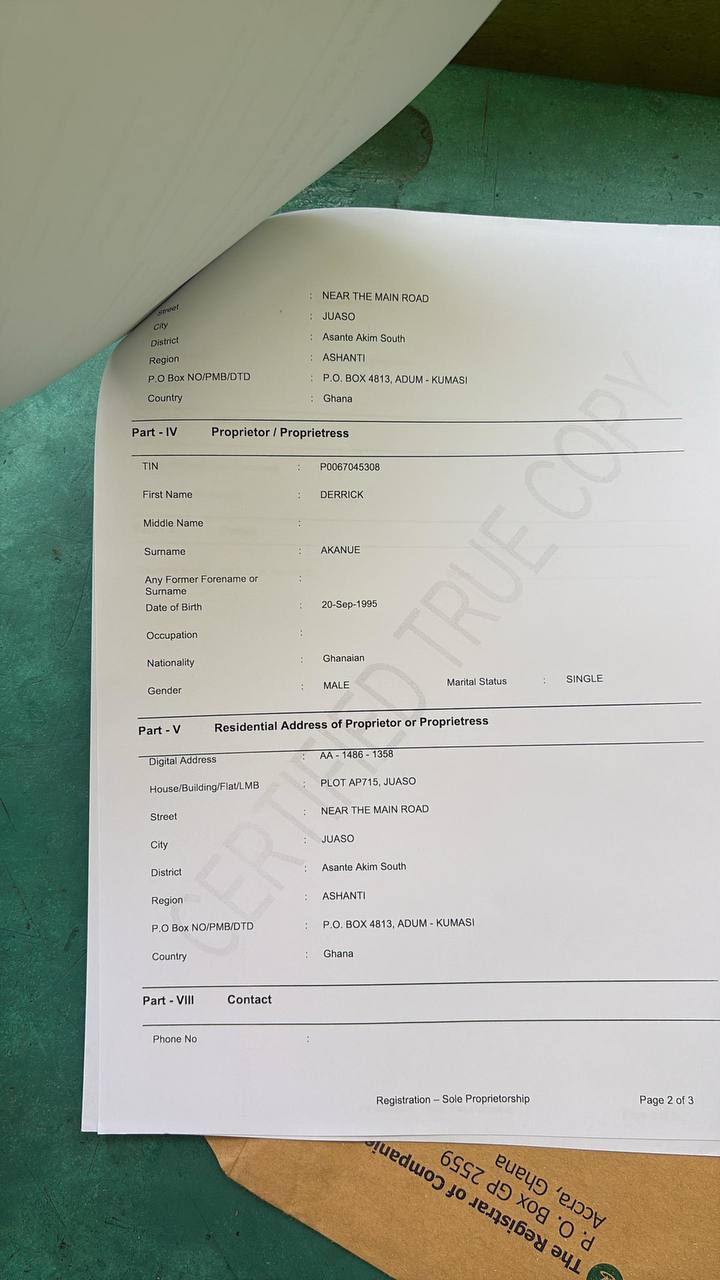 Registration page with proprietor details